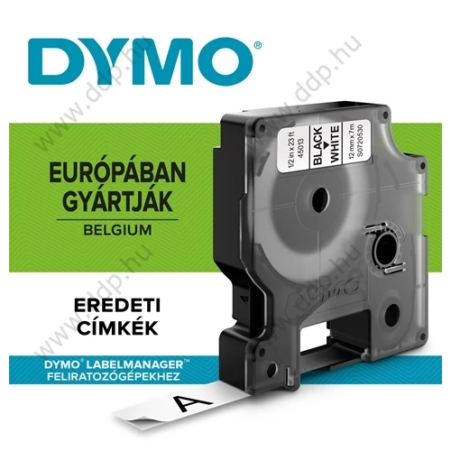 Betűnyomó kazetta gépi 12mmx7m Dymo szalag fekete-fehér 45013 -S0720530-