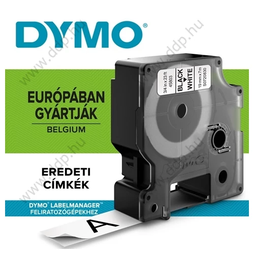 Betűnyomó kazetta gépi 19mmx7m Dymo szalag fekete-fehér 45803 -S0720830-