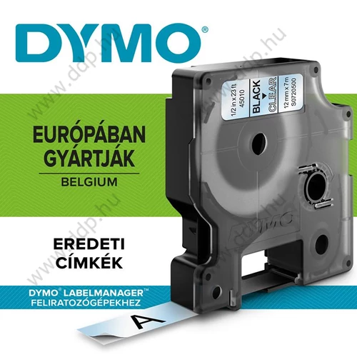 Betűnyomó kazetta gépi 12mmx7m Dymo szalag fekete-víztiszta 45010 -S0720500-