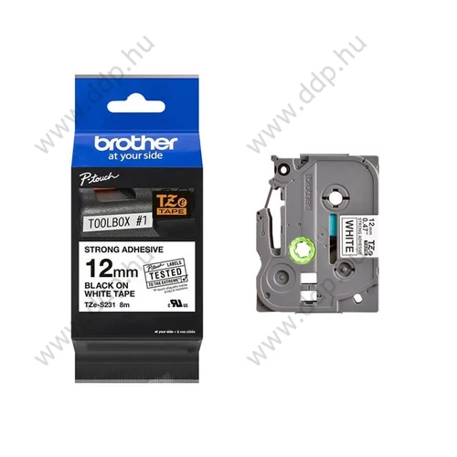 Betűnyomó kazetta 12mm Brother TZeS231  erős tapadású szalag fehér-fekete -6115-