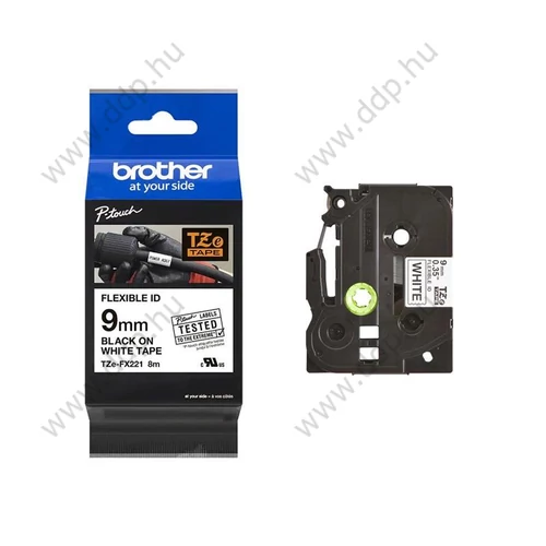 Betűnyomó kazetta 9mm Brother TZeFX221 rugalmas szalag fehér-fekete -15868-