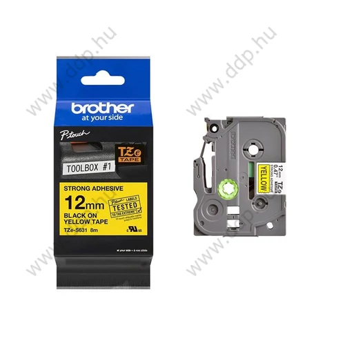 Betűnyomó kazetta 12mm Brother TZeS631 erős tapadású szalag sárga-fekete -8009-