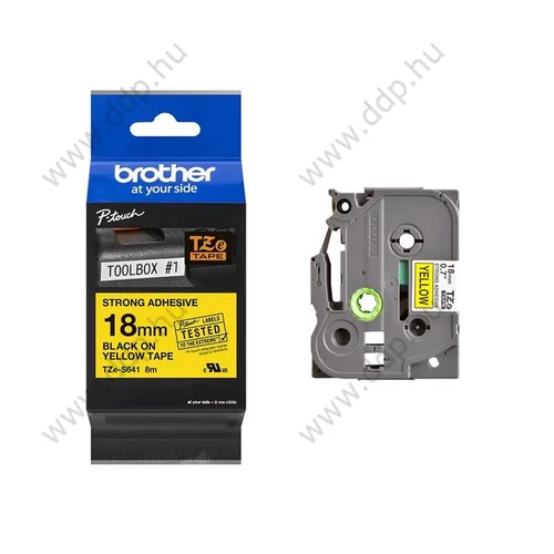 Betűnyomó kazetta 18mm Brother TZeS641 erős tapadású szalag sárga-fekete -15139-