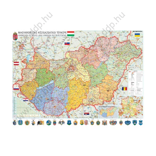 Falitérkép fémléces 100x70cm Magyarország közigazgatása címerekkel