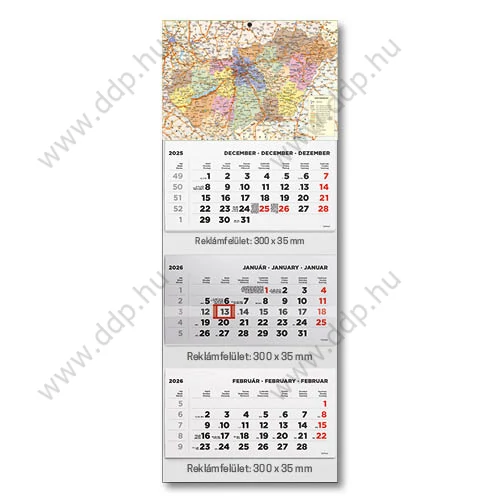 TOPTIMER Speditőrnaptár T070 3 tömbös 3 havi képes Magyarország térkép 315x852mm